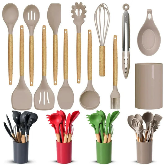 Smasener Kitchen Cooking Utensils Set, 13 Pcs Silicone Cooking Kitchen Utensils Spatula Set with Holder, Wooden Handle Silicone Kitchen Gadgets Utensil Set, Khaki