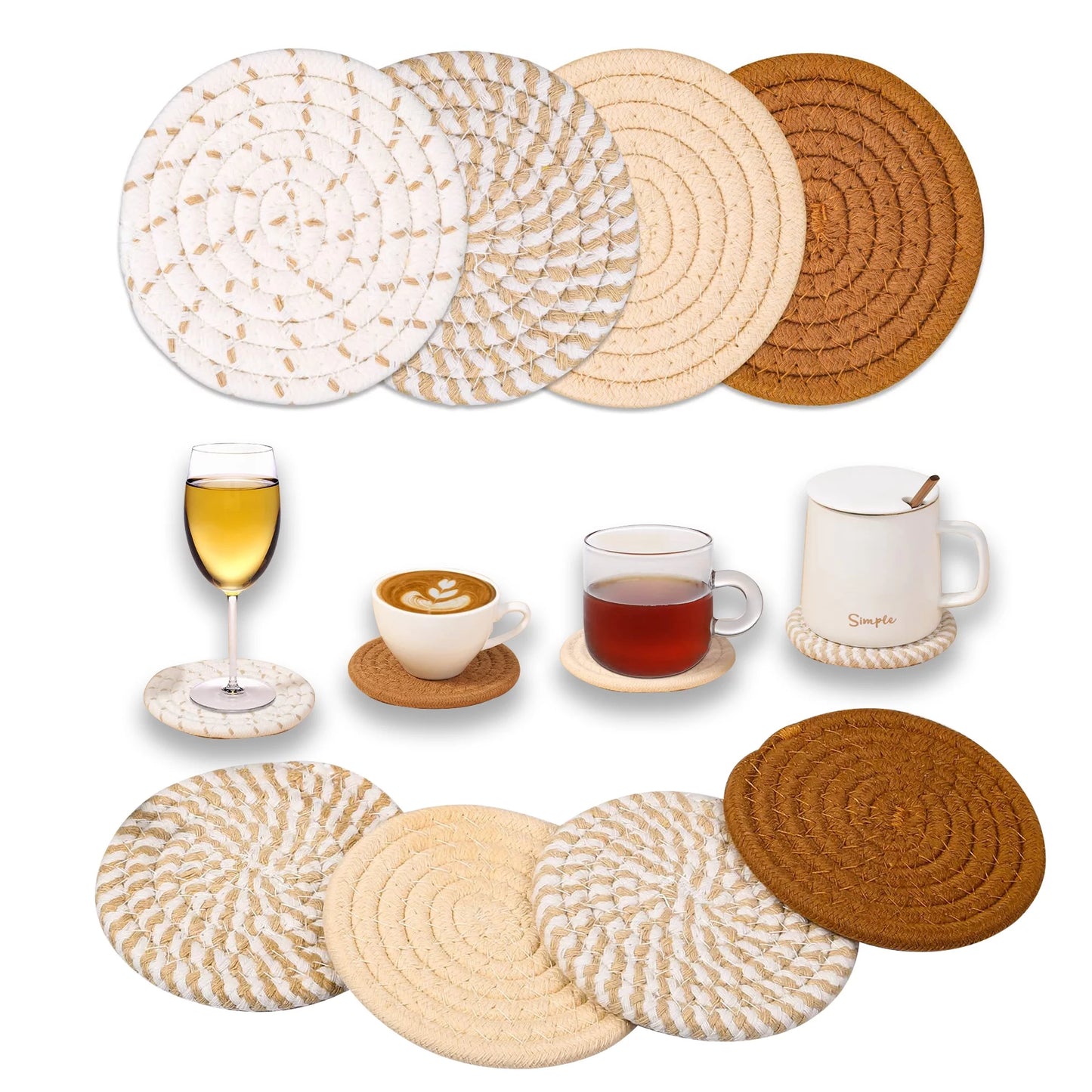 Smasener 8 Pcs Coasters for Drinks ,Super Absorbent Drink Coasters with Holder, Stylish Handmade Round Woven Coaster for Coffee Table Tabletop Protection Housewarming Gift for Home Decor - 4.3 Inches