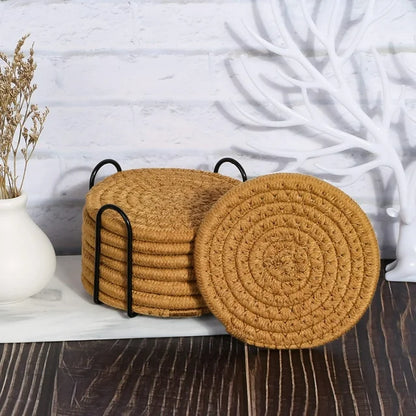 Absorbent Drink Coasters, Smasener 8 Pcs Handmade Braided Drink Coasters with Holder, Super Absorbent Heat-Resistant Coasters for Drinks Great Housewarming Gift&nbsp;