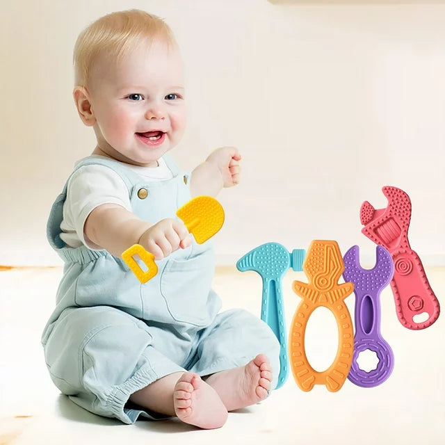 Smasener 5 PCS Baby Teething Toys for 0-6 Months 6-12 Months, Freezer BPA Free Silicone Baby Molar Teether Chew Toys, Hammer Wrench Spanner Pliers Shape Baby Boy Toys