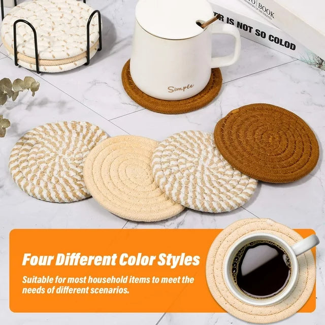 Smasener 8 Pcs Coasters for Drinks ,Super Absorbent Drink Coasters with Holder, Stylish Handmade Round Woven Coaster for Coffee Table Tabletop Protection Housewarming Gift for Home Decor - 4.3 Inches