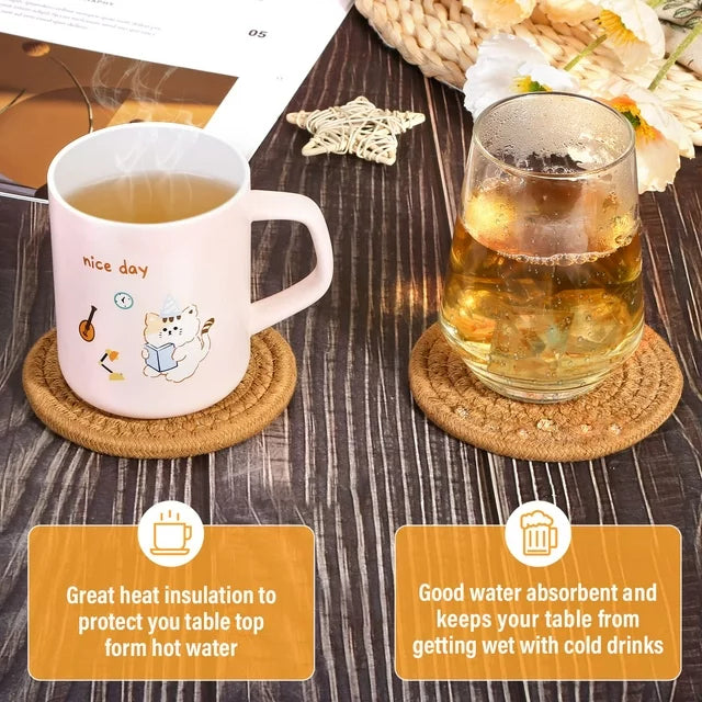 Absorbent Drink Coasters, Smasener 8 Pcs Handmade Braided Drink Coasters with Holder, Super Absorbent Heat-Resistant Coasters for Drinks Great Housewarming Gift&nbsp;